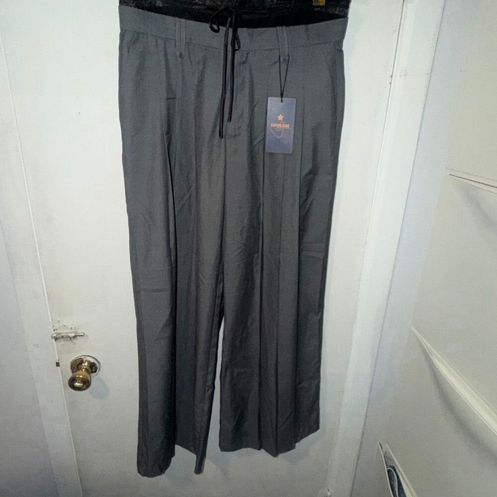 SUPERJENE Grey Wide Leg Pleated Pants with Lace Trim-11 NWT!